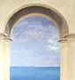 muurschildering: galerij zuilen met daarachter zicht op zee